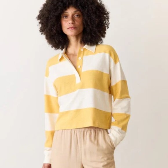 Marine Layer Tops - Marine Layer Rugby Crop Polo in Gold Stripe